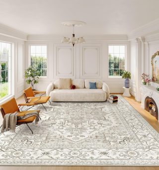 8x10 Area Rugs for Living Room, Stain Resistant Neutral Washable Rugs for Dining Room, Vintage Non-Slip Thin Large Size Beige Area Rug, Printed Vintage Home Decor Rug（Beige）