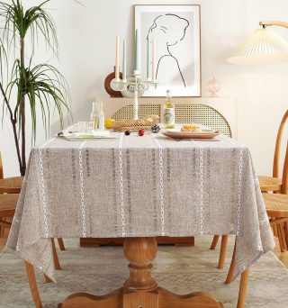 Chassic 60 x 84 inches Farmhouse Style Linen tablecloths, Wrinkle Resistant Washable Dining Room Table Cloths for Rectangle Tables - Hemstitch Light Coffee