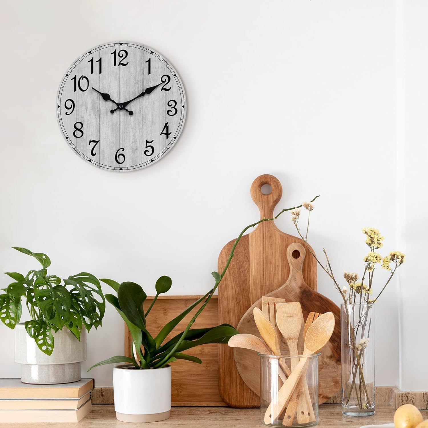 HYLANDA Wall Clock, Rustic Wall Clocks Battery Operated Silent Non Ticking, Country Round Wooden Clocks Farmhous Wall Decorative for Kitchen, Bathroom, Living Room (Gray 8 Inch) - Image 4