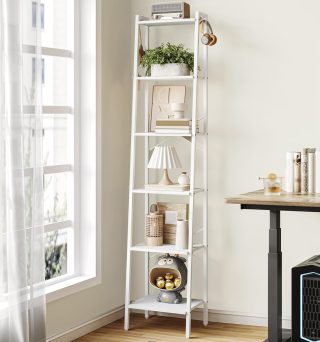 Ladder Shelf, Bookshelf Bookcase, Freestanding Corner Storage Shelve with 2 Hooks for Home Office, Living Room, Kitchen, Bedroom, Industrial, 6-Tier White BC13313W