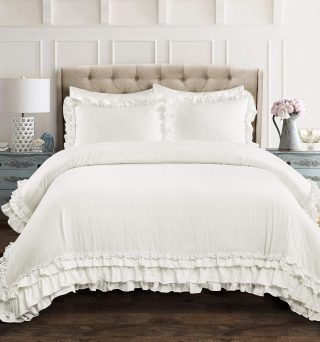Lush Decor Ella Ruffle Lace Comforter, 3 Piece Set, Full/Queen, White - Cute Comforter - Queen Bedding Set - White Bedding Full Size - Coquette Decor - Ruffle Trim - Lace Trim