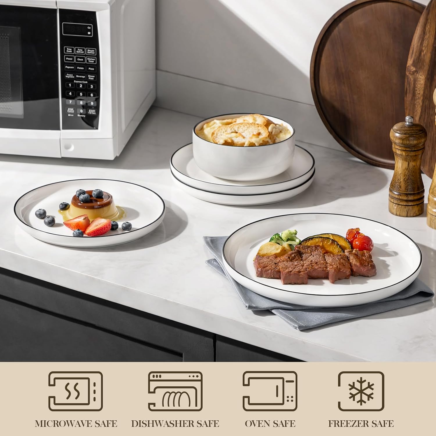 MALACASA Plates and Bowls Sets, 12 Pieces Modern Porcelain Dinnerware Set for 4 White Kitchen Dinner Dining Ware Set wtih Black Rim Ceramic Dishware Dishes Microwave and Dishwasher Safe, Series LUNA - Image 4