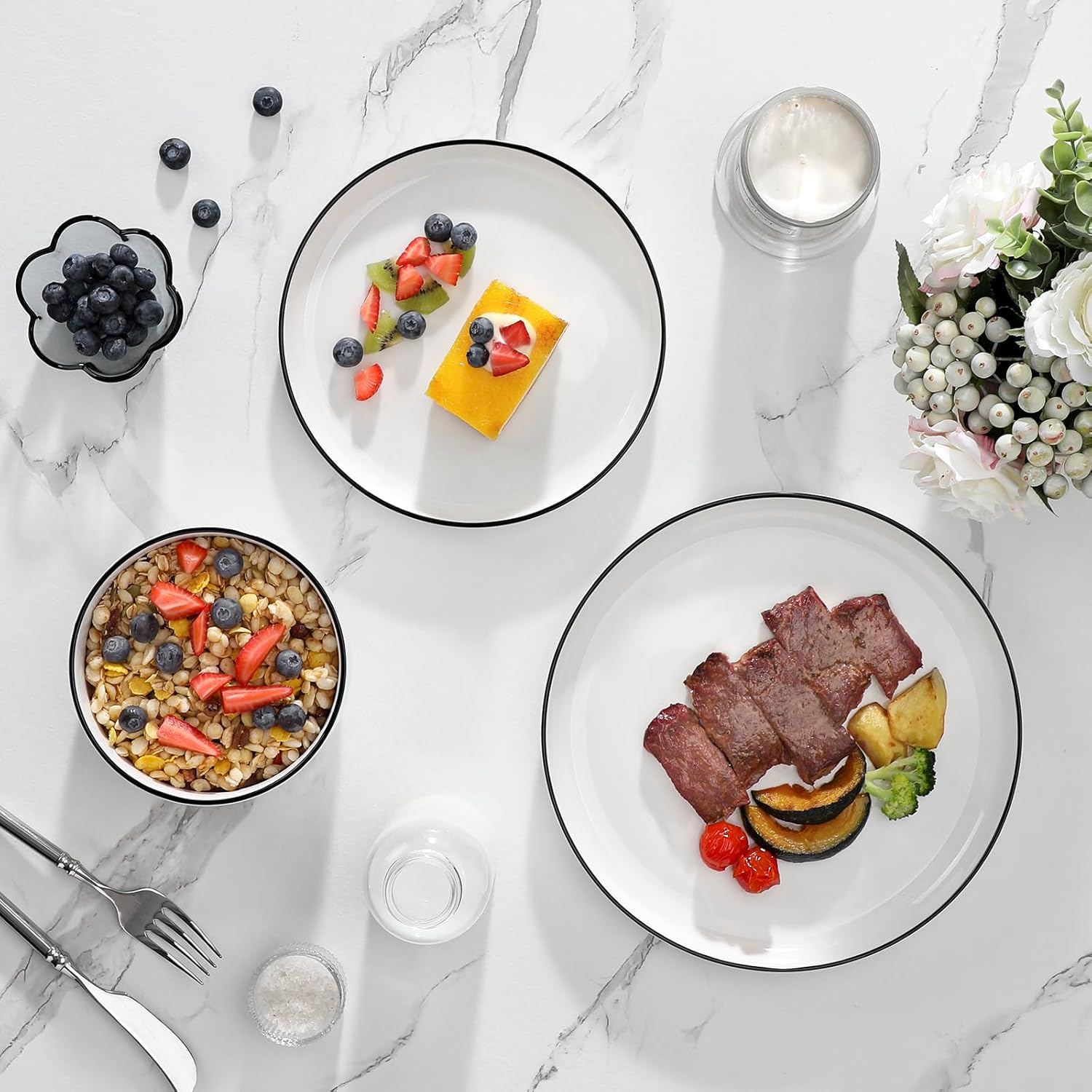 MALACASA Plates and Bowls Sets, 12 Pieces Modern Porcelain Dinnerware Set for 4 White Kitchen Dinner Dining Ware Set wtih Black Rim Ceramic Dishware Dishes Microwave and Dishwasher Safe, Series LUNA - Image 6