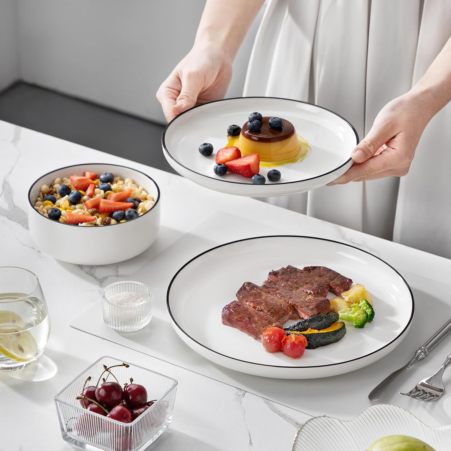 MALACASA Plates and Bowls Sets, 12 Pieces Modern Porcelain Dinnerware Set for 4 White Kitchen Dinner Dining Ware Set wtih Black Rim Ceramic Dishware Dishes Microwave and Dishwasher Safe, Series LUNA - Image 8