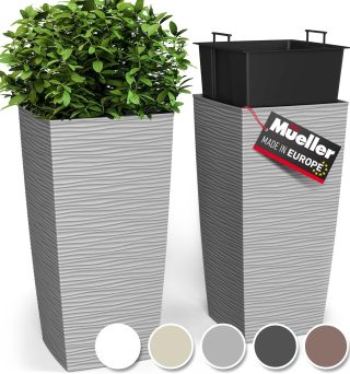 Mueller M-Resin Heavy Duty Tall Planters for Outdoor Plants, Indoor Grande Plant Pots, Boxes, Trees, Flower Pots, 2-Piece Set, 18”, Modern Design, Built-in Drainage, Front Porch Decor, Light Grey