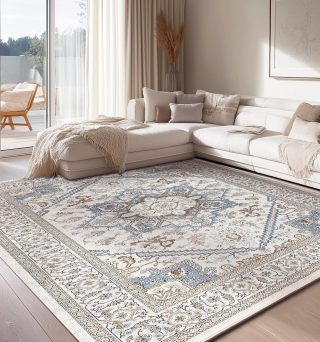 OPPODREAM Soft Neutral Area Rugs 5x7, 5x7 Washable Rug with Non Slip Backing, 5 x 7 Faux Cashmere Low-Pile Carpet, Light Grey & Ivory Cream