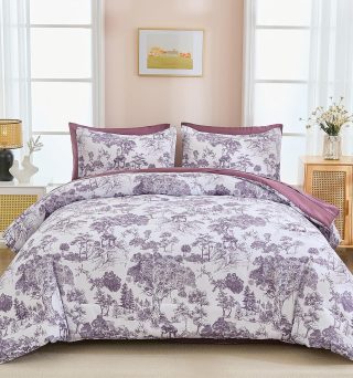 Purple Comforter Set King, 7 Pieces Dark Purple Botanical Comforters King Size Elegant Plants Print with Sheets Bed in a Bag Soft Microfiber Reversible Complete Bedding Sets for All Season