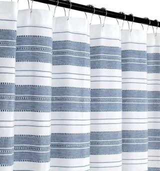Nautical Striped Blue and White Fabric Shower Curtain: Chambray Cotton Luxury Hotel Detailed Eyelet Decorative Weave for Bathroom 72" x 72" (Denim Navy)