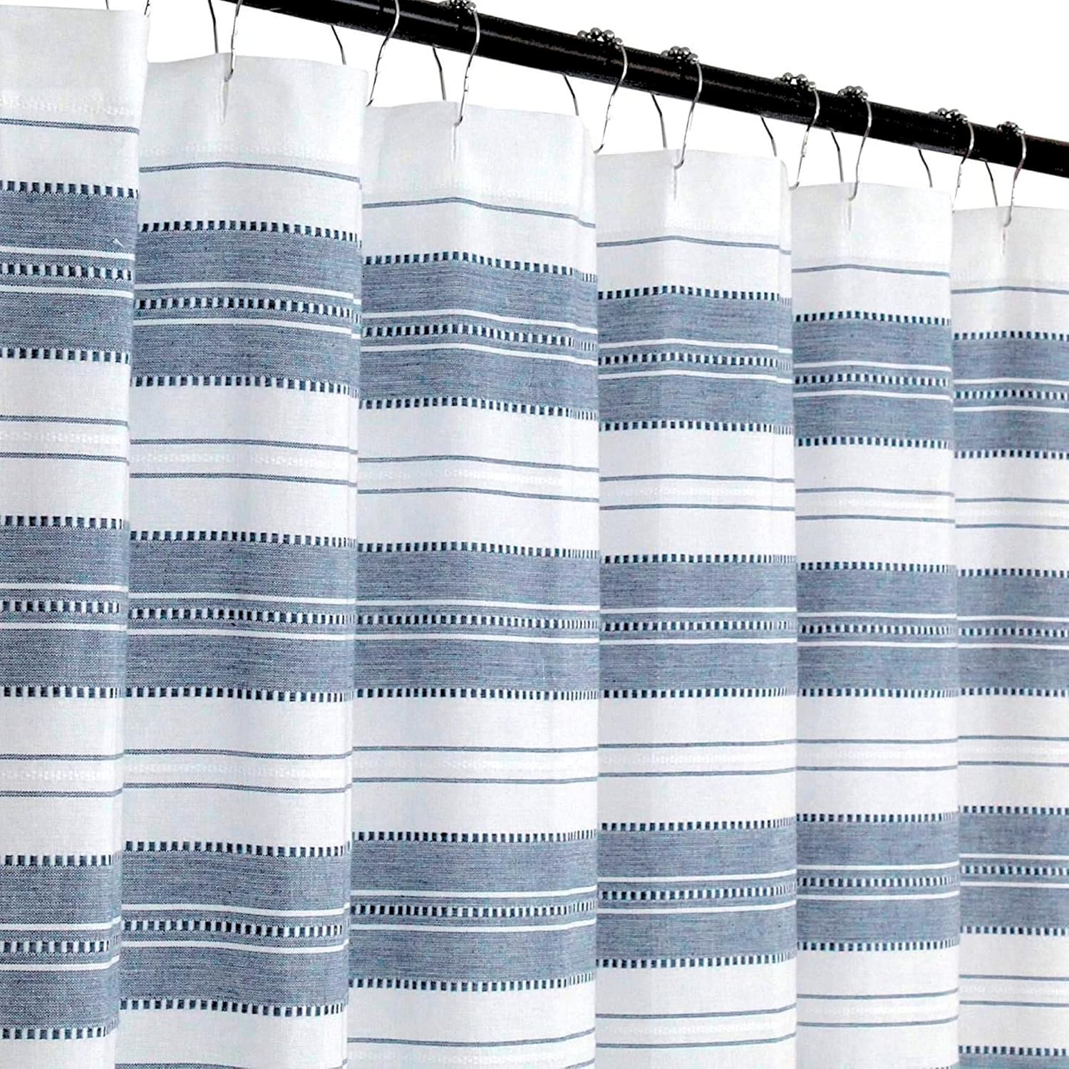 Nautical Striped Blue and White Fabric Shower Curtain: Chambray Cotton Luxury Hotel Detailed Eyelet Decorative Weave for Bathroom 72" x 72" (Denim Navy)