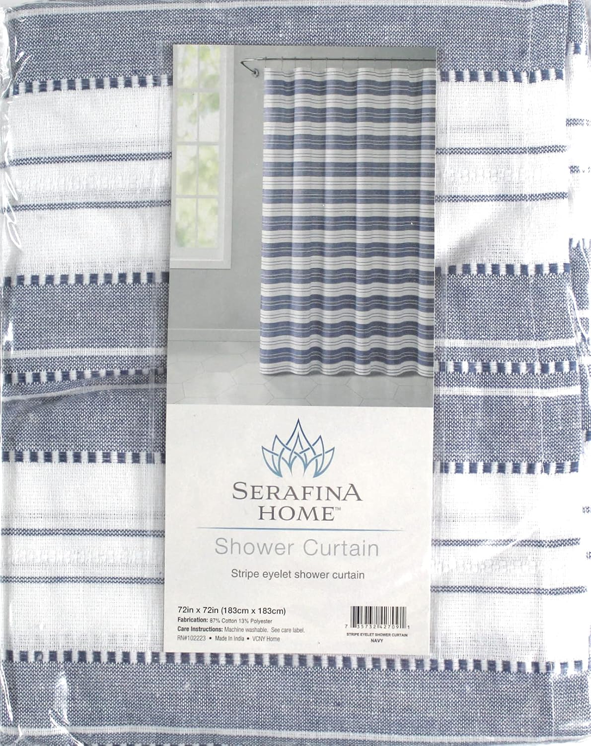 Nautical Striped Blue and White Fabric Shower Curtain: Chambray Cotton Luxury Hotel Detailed Eyelet Decorative Weave for Bathroom 72" x 72" (Denim Navy) - Image 7